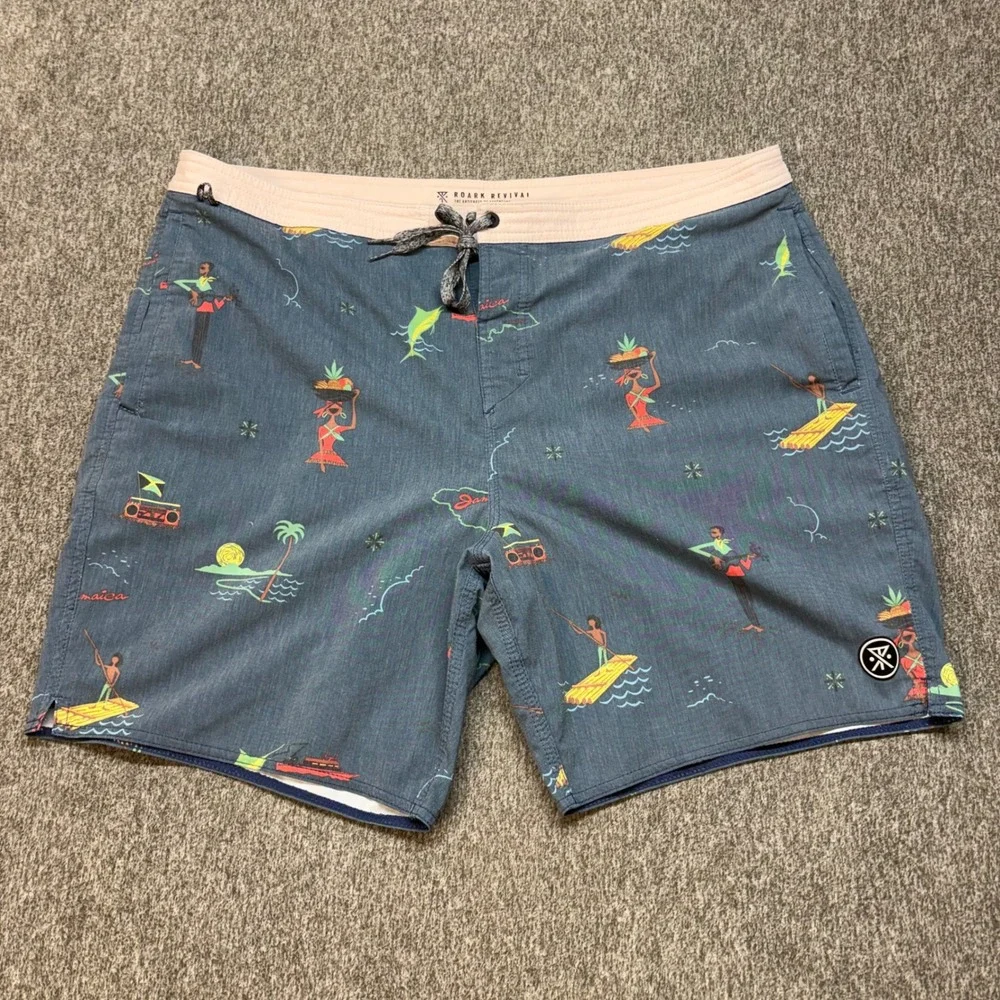Roark Revival Mens Blue Jamaica Graphic‎ Board Shorts Swim Trunks Size 36